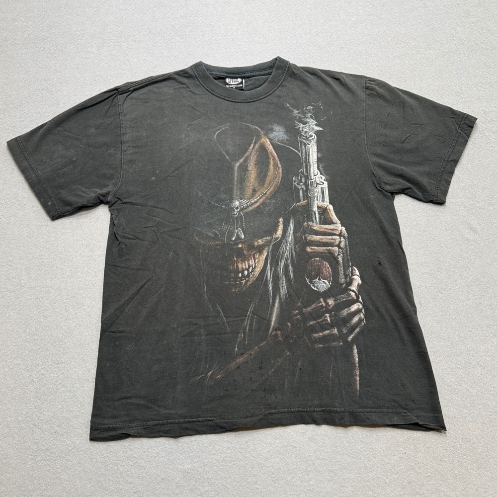 Y2K Western Skull T-Shirt Mens M Black Cotton Short Sleeve Grunge Spiral Direct